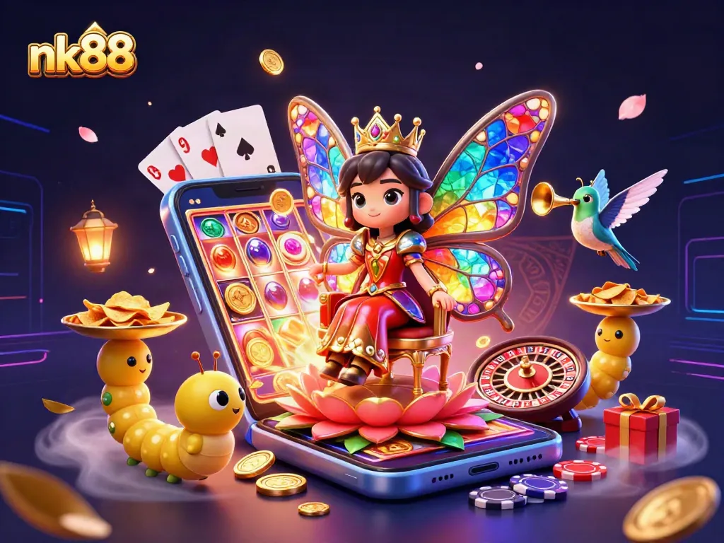 Spin and win with nk88's vibrant slots and playful characters in a rich casino scene.