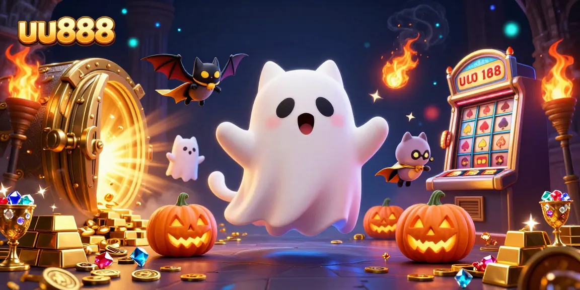 Engage with uu888 in this lively casino scene featuring a ghost cat, vampire bat, and glowing jack-o-lanterns.