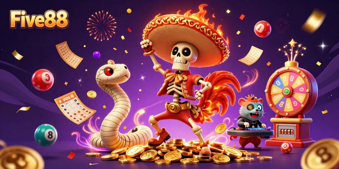 Experience the vibrant world of Five88 with festive characters celebrating victory and gaming excitement.