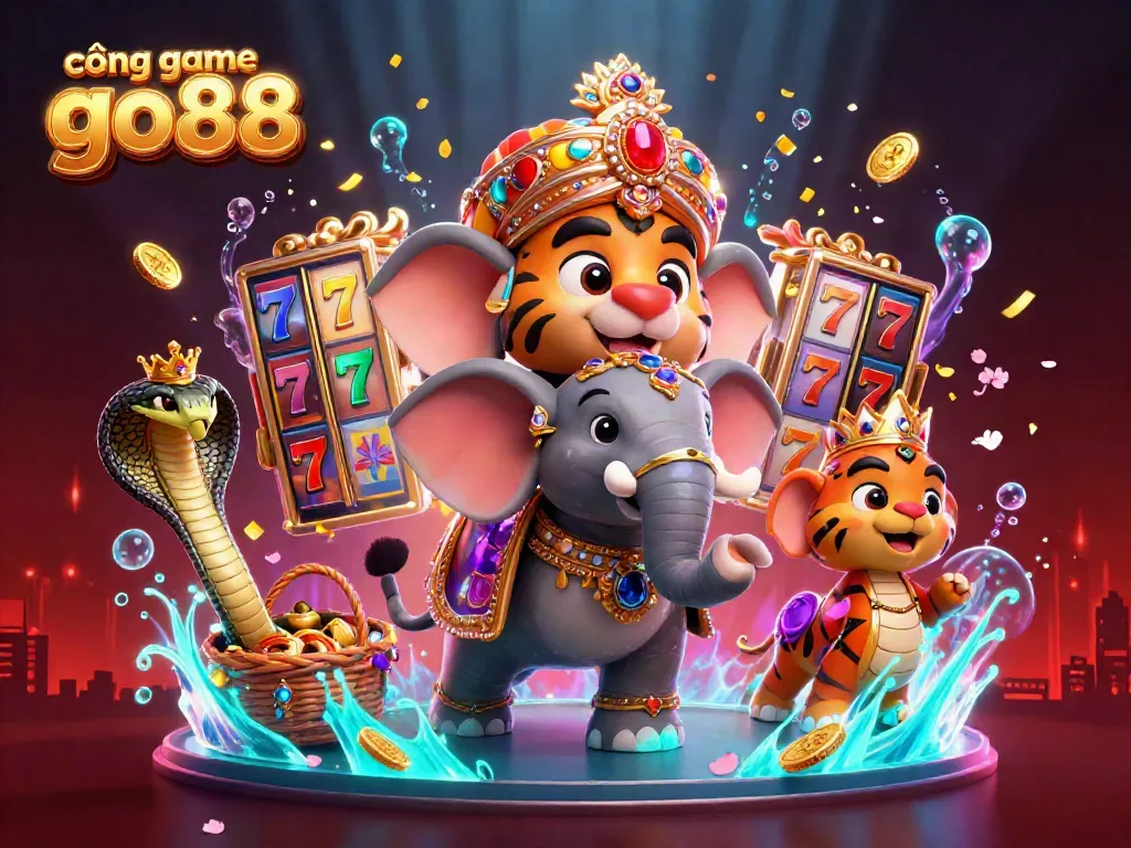 Experience the excitement of cổng game go88 with vibrant 3D casino illustrations featuring slot reels and golden coins.