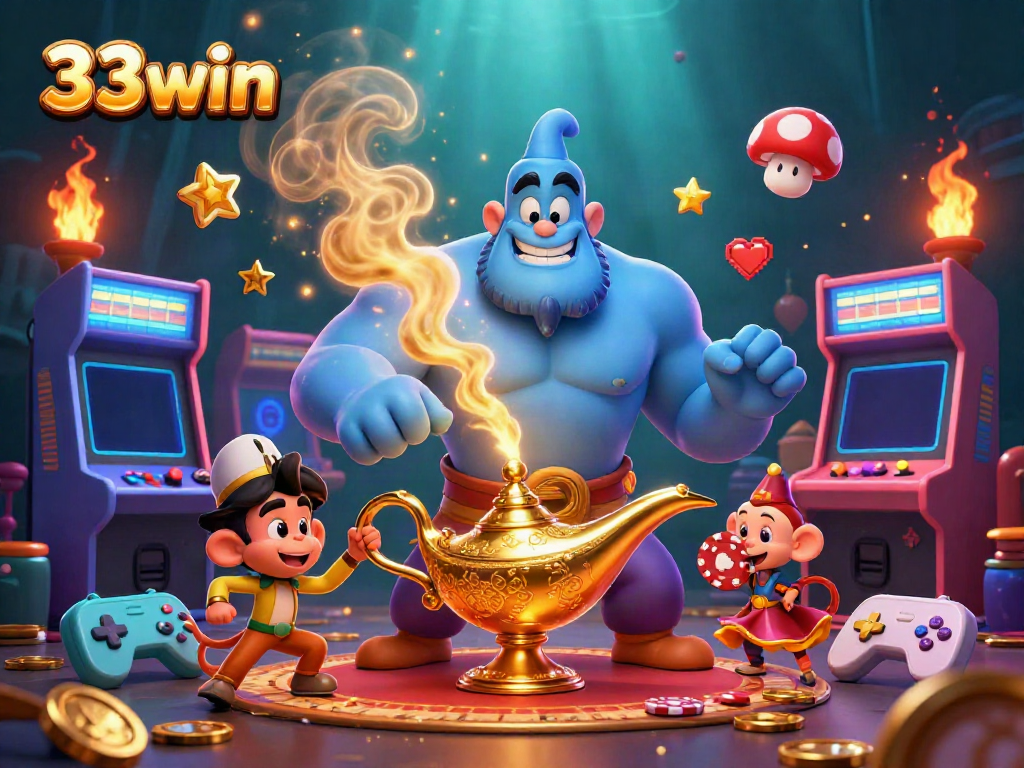 Engage in thrilling gaming with 33win, featuring a genie, monkey, and poker chips in a vibrant casino.