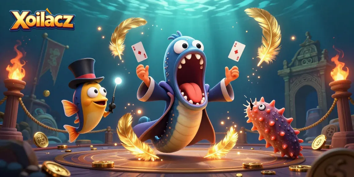 Xoilacz showcases a dazzling underwater magic act with a gulper eel performing card tricks amidst swirling golden coins.