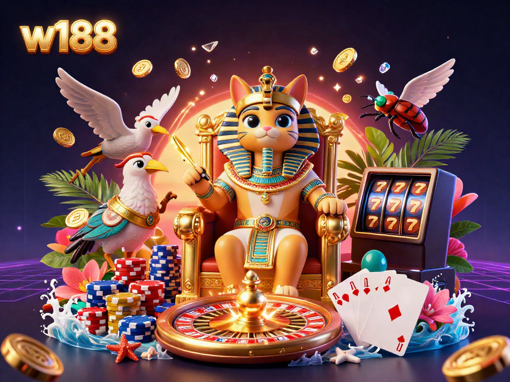 Engage in thrilling gaming at w188 with vibrant casino characters and exciting elements.