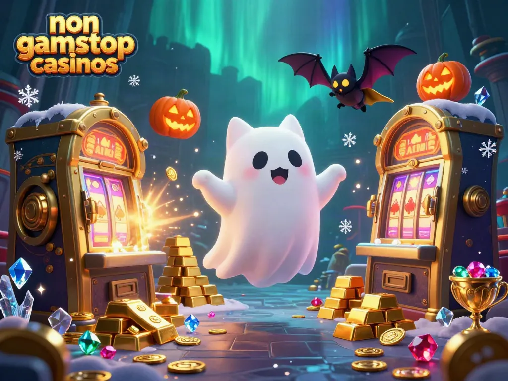Engaging illustration of non gamstop casinos featuring a ghost cat, bat, and glowing jack-o-lanterns in a haunted casino.