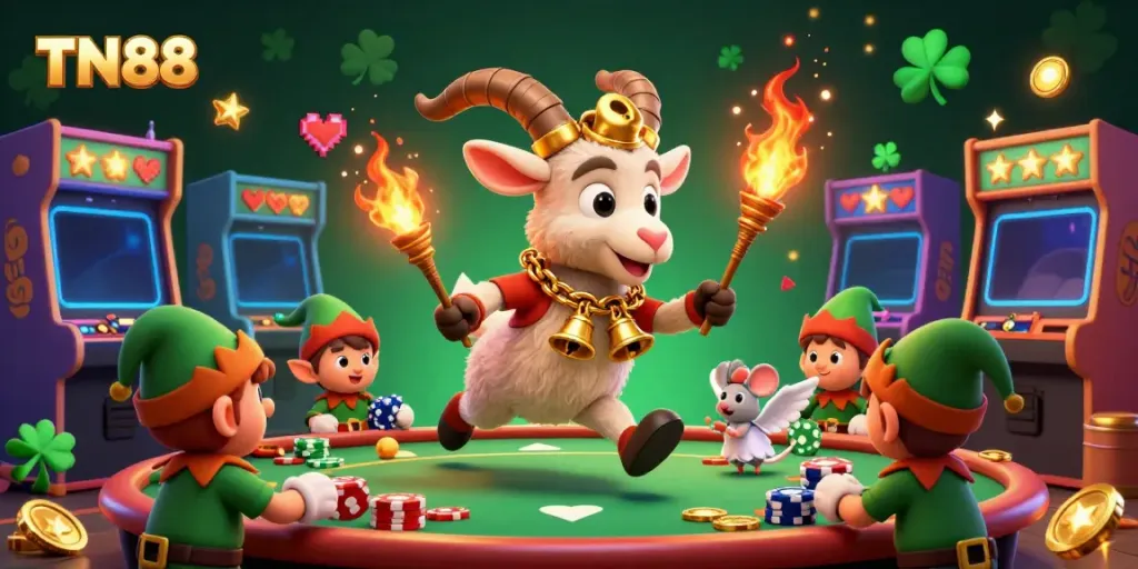 Engage with TN88’s exciting gaming universe featuring a cartoon Krampus, angel mouse, and elf gremlins in a festive casino.
