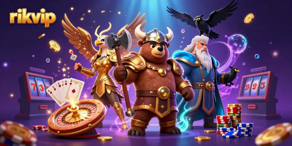Join the thrilling action at rikvip with vibrant 3D characters in a dynamic casino scene.