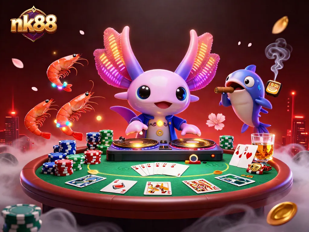 Players at nk88 engage with a thrilling poker game featuring vibrant characters and dynamic casino elements.