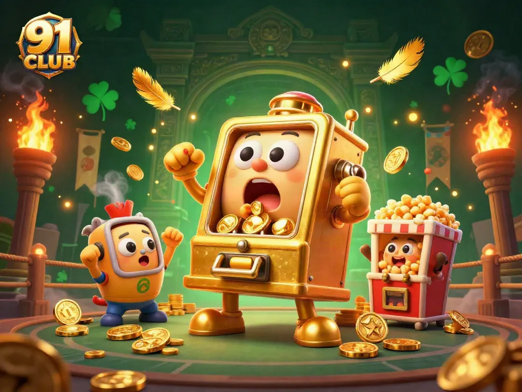Experience the thrill of 91 CLUB with a golden slot machine hitting the jackpot!