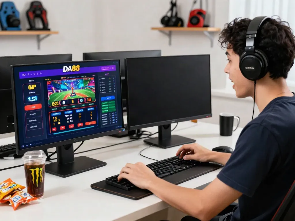 Excited user engaged in online gaming on DA88 platform with vibrant interfaces.
