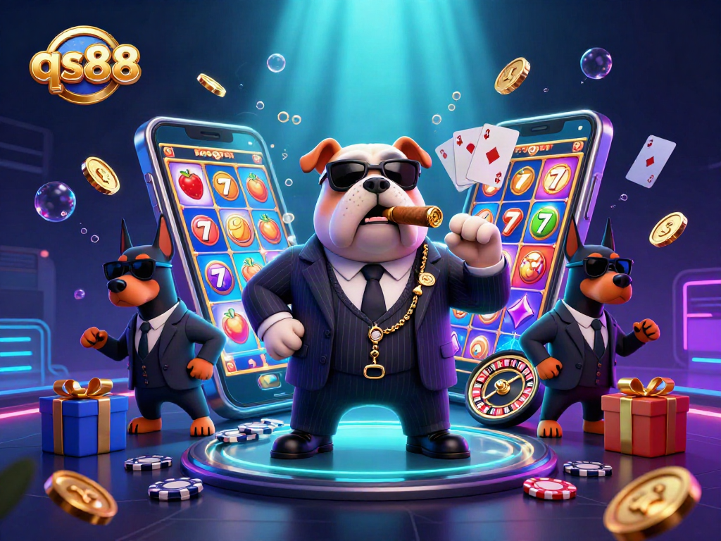 Engage in thrilling gameplay at qs88 with a dynamic 3D mafia scene featuring colorful slot games and casino elements.