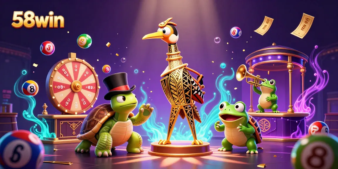 Engaging 58win casino scene featuring dynamic lottery balls, prize wheel, and characters.