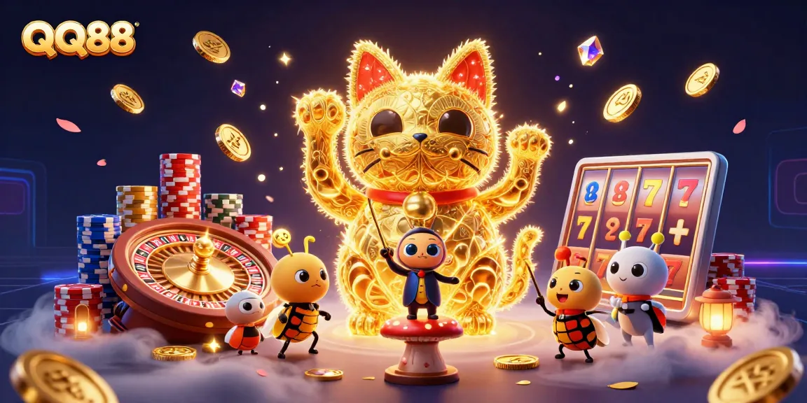 Experience the excitement of QQ88 with a dynamic 3D art scene featuring casino symbols and vibrant game elements.