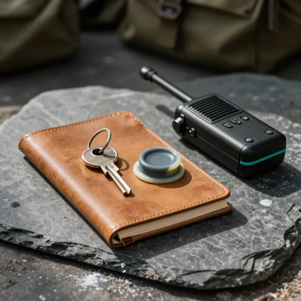 Closed leather notebook, key ring, cargo seal and compact radio on stone in warm daylight.