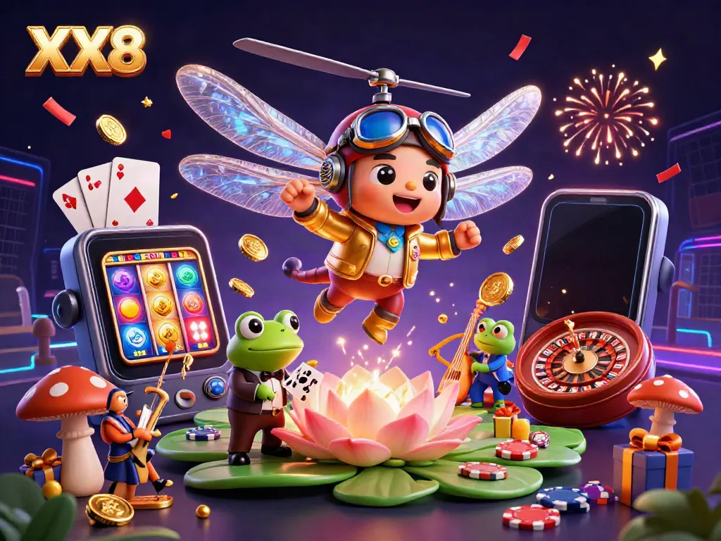 Experience the excitement of XX8 with vibrant casino elements and lively characters in a dynamic illustration.