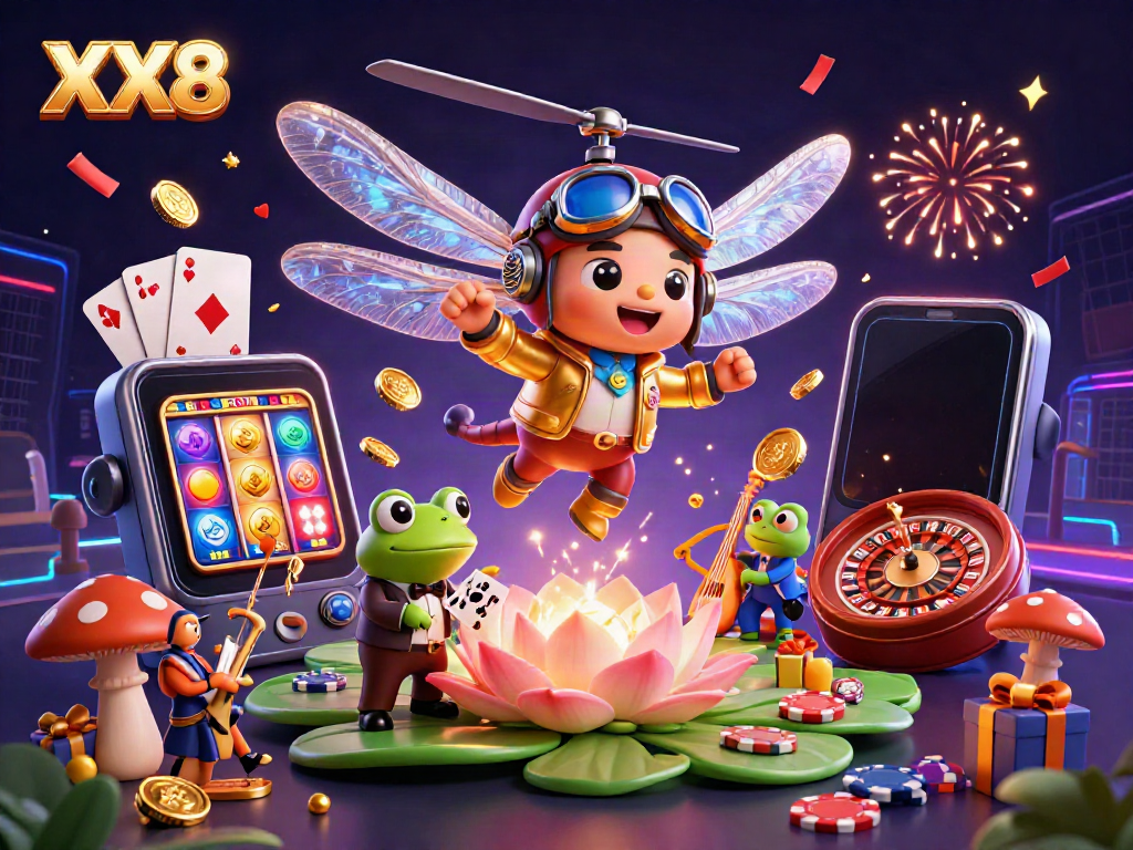Experience the excitement of XX8 with vibrant casino elements and lively characters in a dynamic illustration.