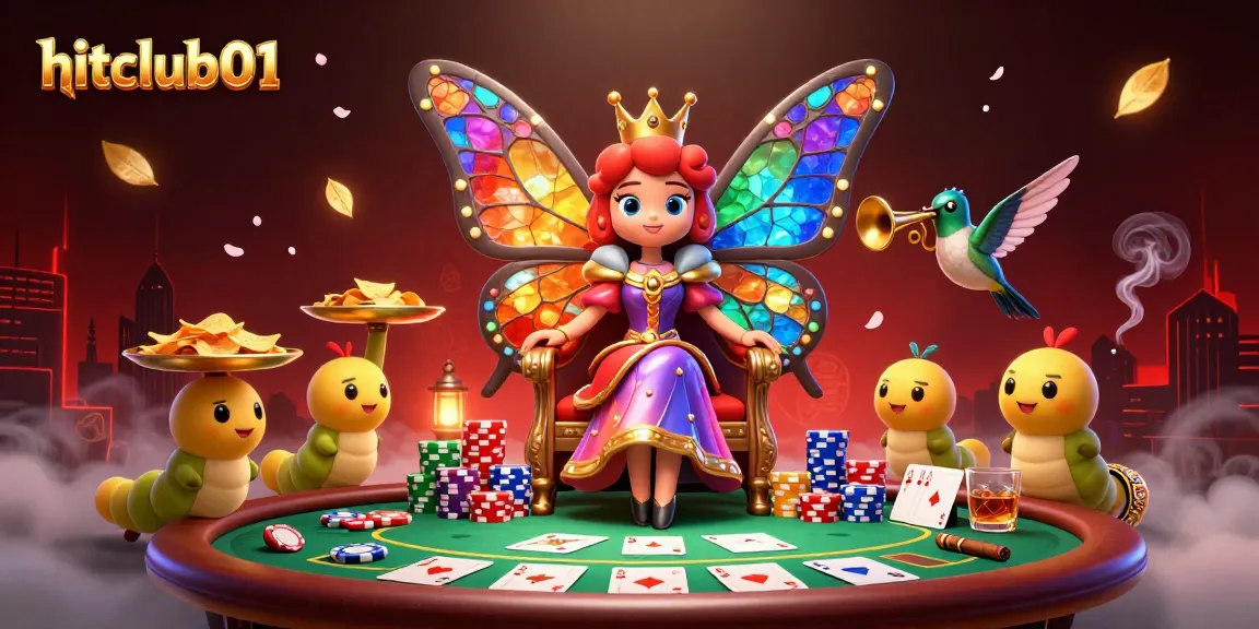 Join the vibrant excitement of hitclub01 with a dazzling poker scene featuring a butterfly queen and colorful chips.