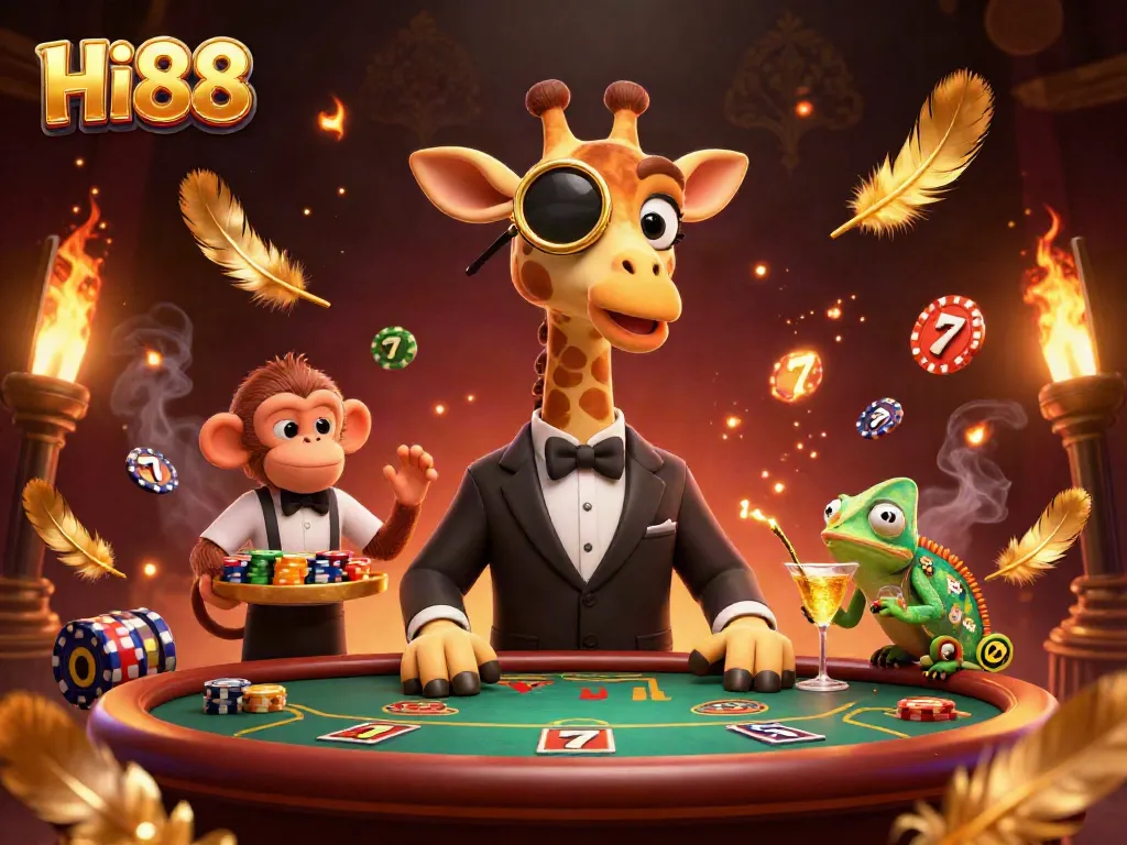 Lift your stakes with Hi88 at this vibrant casino scene featuring playful characters.
