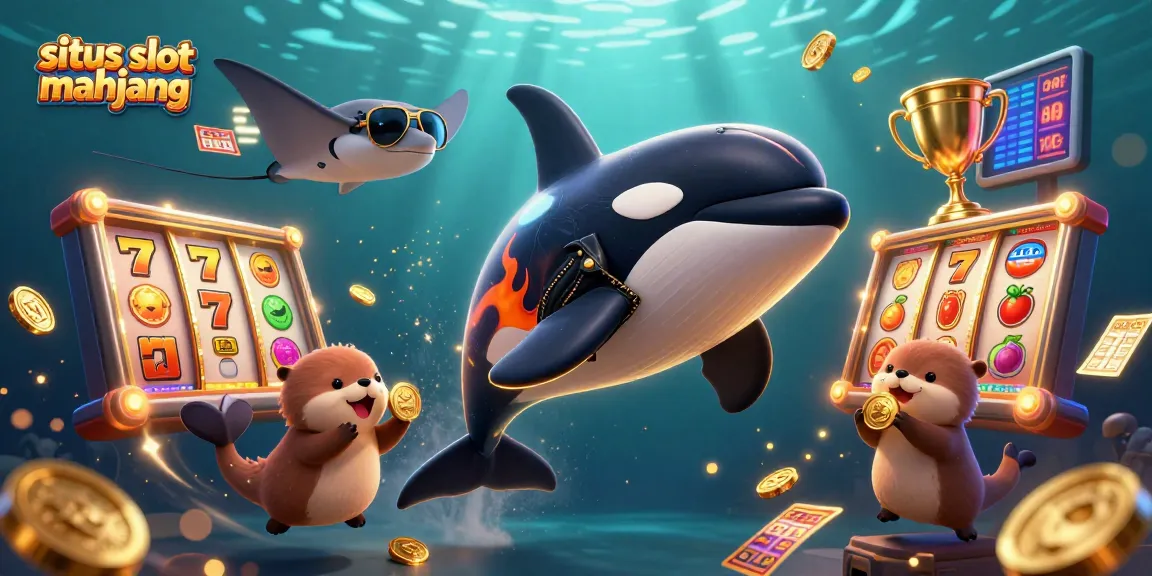 Situs slot mahjong showcases orca, stingray, and sea otters enjoying the thrill of spinning slot reels.