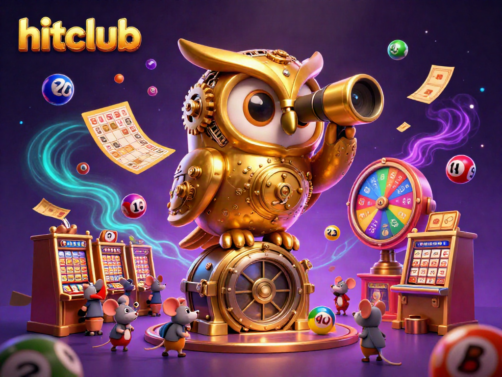 Engage with hitclub, featuring vibrant lottery balls and a golden owl in a colorful casino scene.