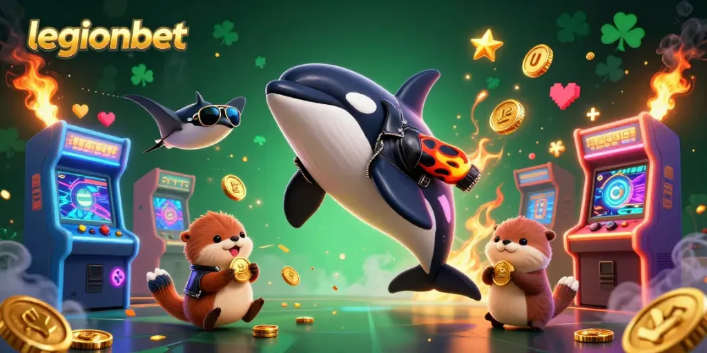Join the adventure at legionbet with a vibrant 3D casino scene featuring a biker orca, cool stingray, and gold-holding otters.