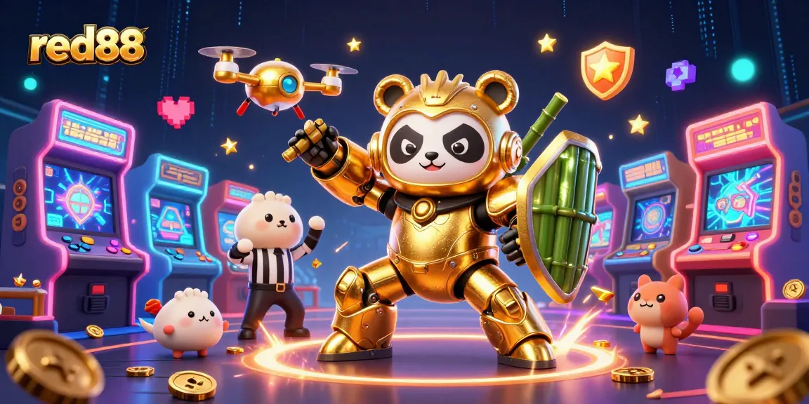 Experience thrilling gameplay at red88 as a golden panda battles with a bamboo robot in a vibrant casino scene.