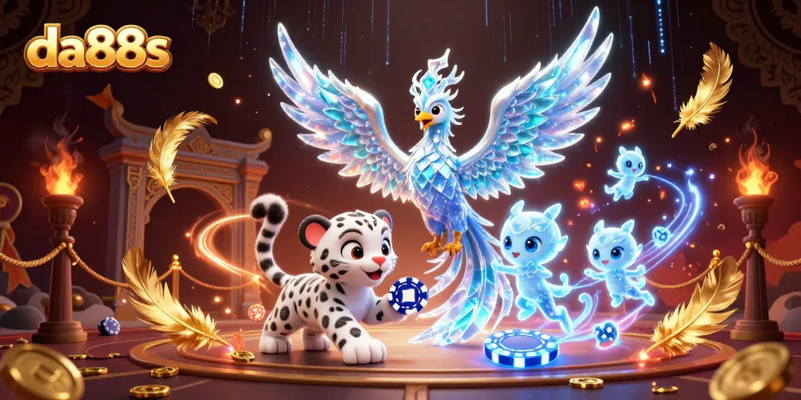 Experience thrill with da88s in a vibrant 3D scene featuring a majestic phoenix and poker action.