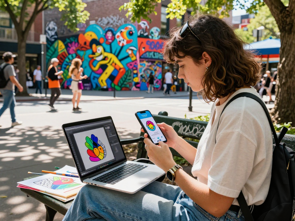 Young woman creates NSFW art with AI app in urban park, showcasing digital creativity.