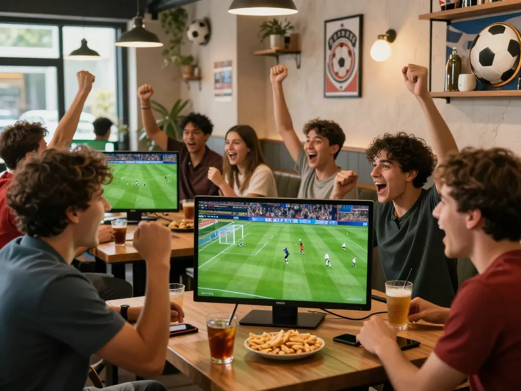 Thapcamtv sports fans cheering in a lively cafe while watching a football match.
