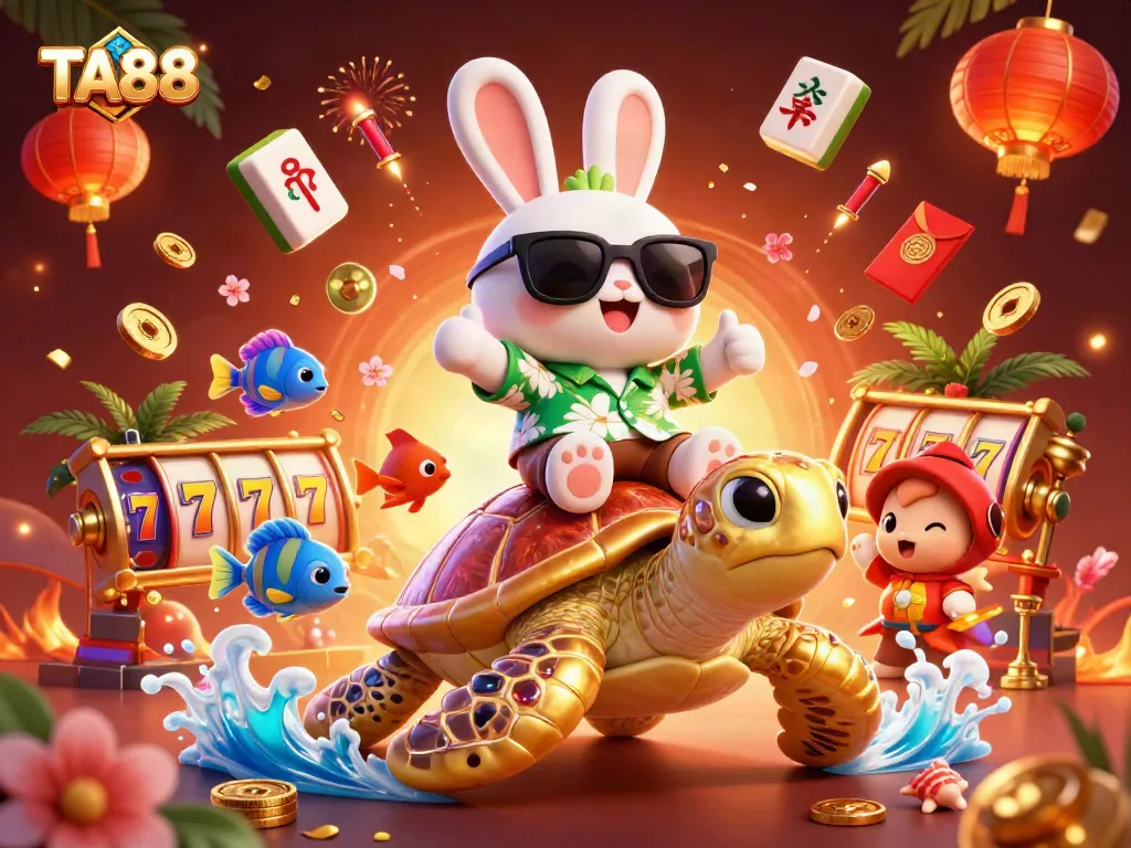 Experience the excitement of TA88 casino with a vibrant scene featuring a lucky rabbit and golden sea turtle.