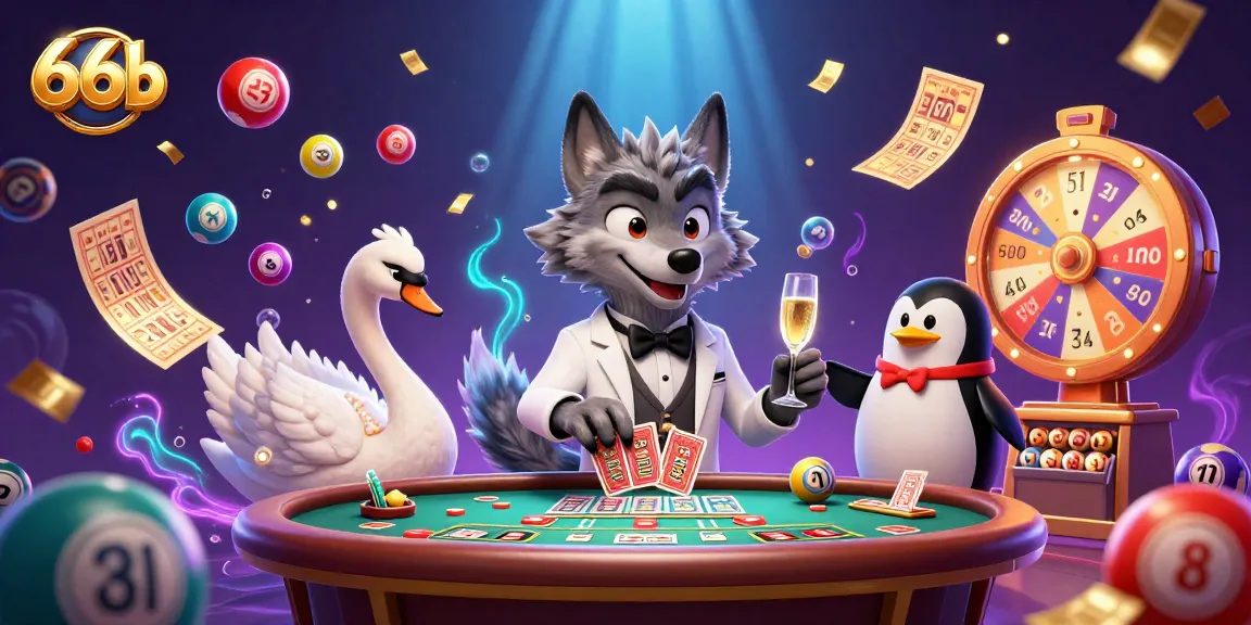 Engage with 66b's online casino experience featuring dynamic characters in a vibrant, illustrative setting.