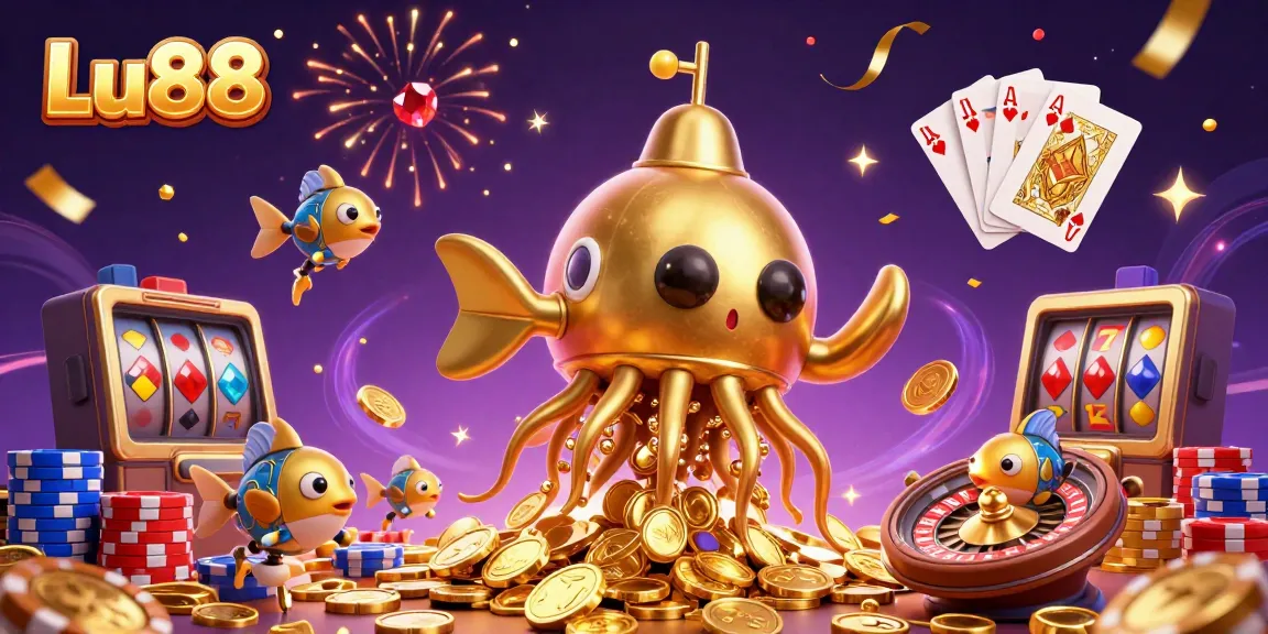 Experience thrilling gameplay at Lu88 with a vibrant scene of golden kraken submarine and casino elements.