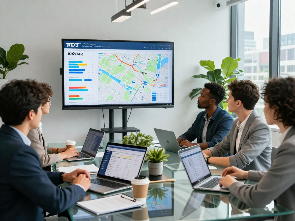 IDXSTAR property analytics dashboard showcased in a vibrant real estate strategy meeting