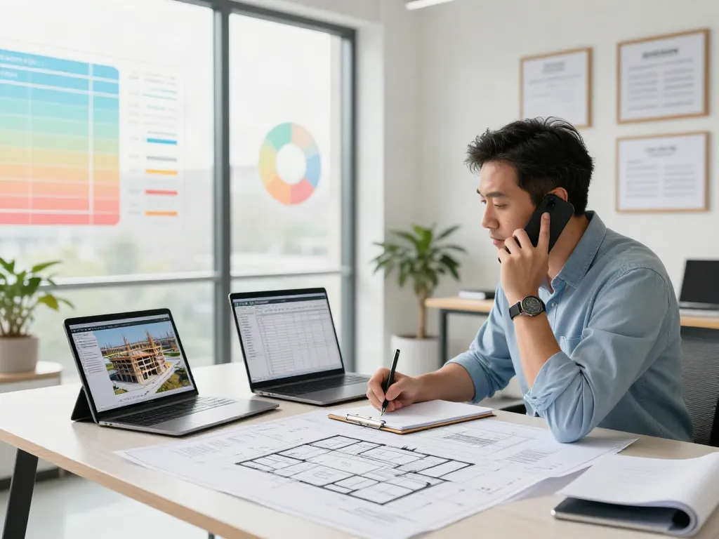 Freelance quantity surveyor working on construction estimates in a bright office.