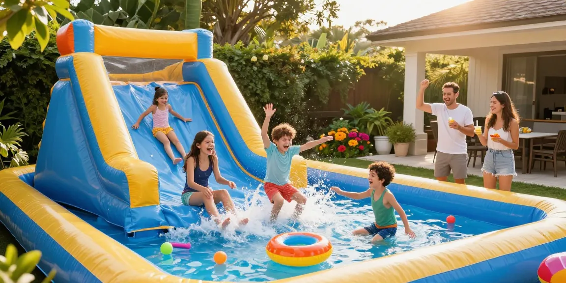 Children sliding down a vibrant water slide in a sunny backyard, creating splashes and laughter.