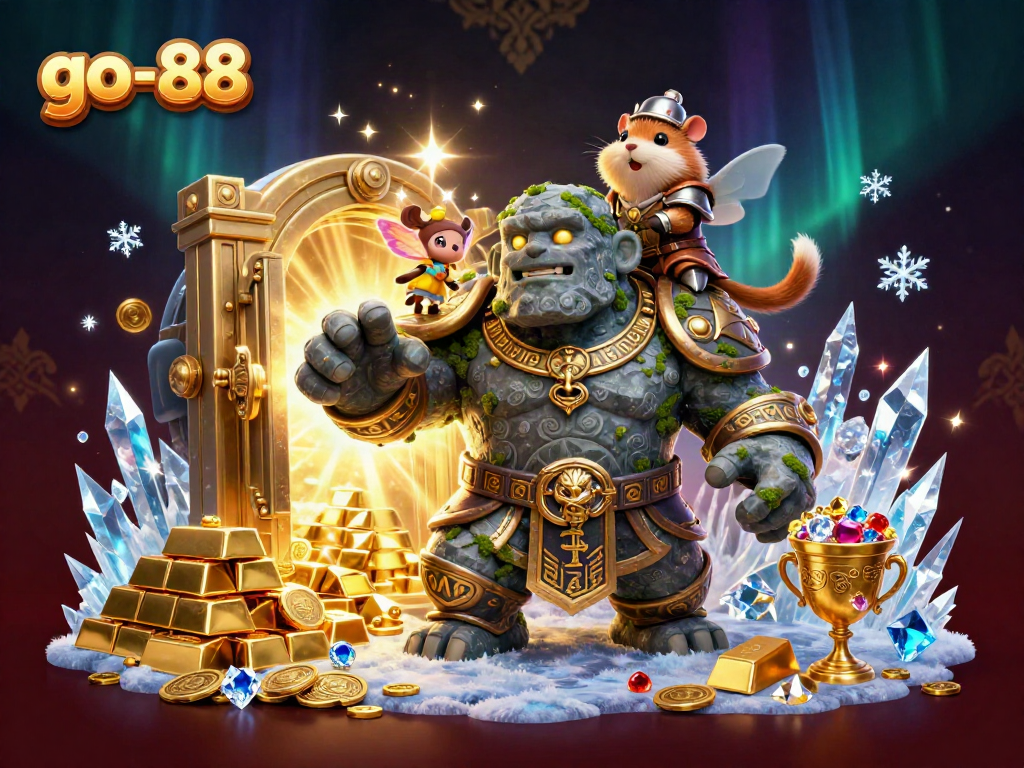 Experience the thrill of go-88 with a vibrant scene featuring a magical golem, fairy, and hamster knight amidst treasures.