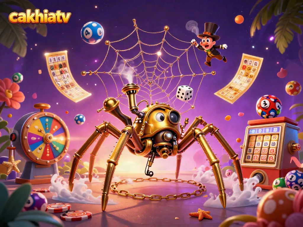 Play exciting games on Cakhiatv, featuring vibrant golden spider and dynamic lottery elements.