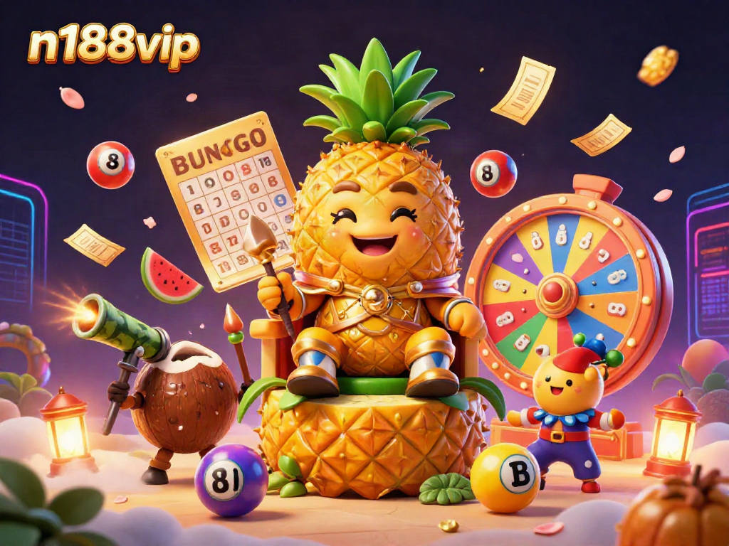 Join n188vip for an exhilarating casino experience with a golden pineapple king and dynamic gaming elements.