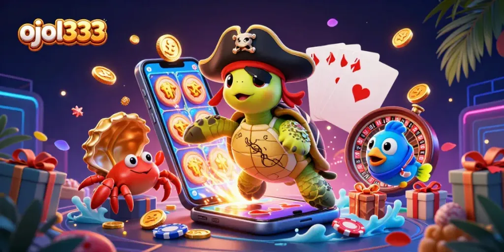 Experience the thrill of ojol333 with a vibrant casino scene featuring characters and game elements.