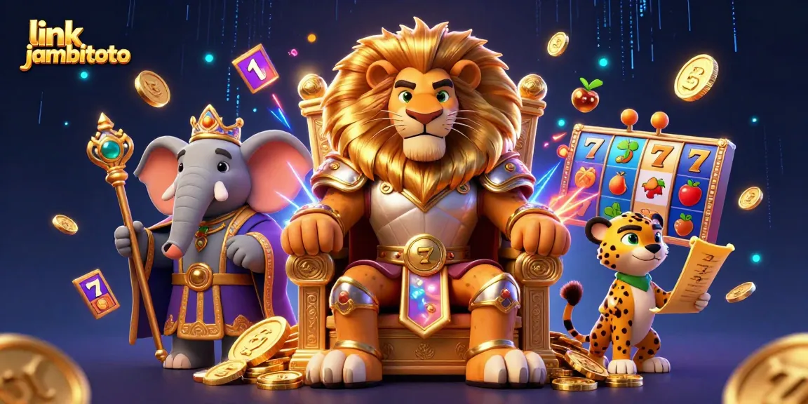 Experience excitement in link jambitoto with a royal scene of a lion king, vibrant slot reels, and golden treasures.