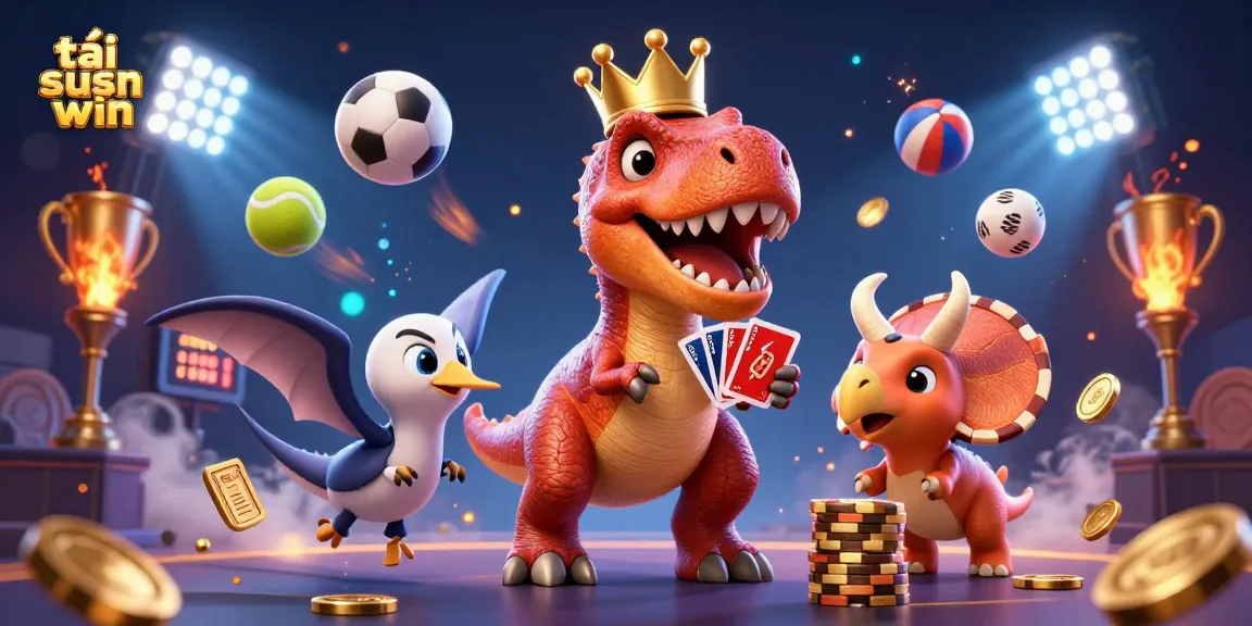 Experience the thrill as you tải sun win with a T-Rex shuffling cards amidst sports elements.