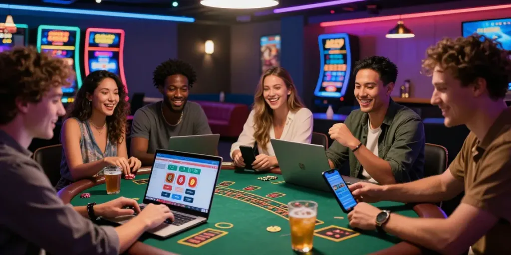 Friends enjoying games at us online casinos in a colorful lounge filled with excitement.