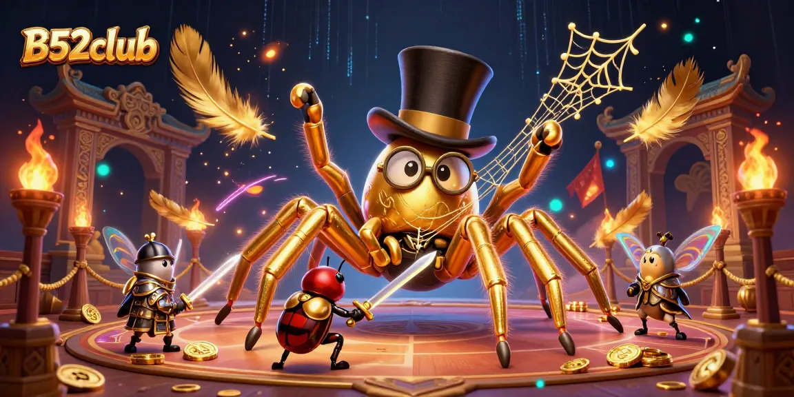 B52club highlights a vibrant scene with illustrated tarantula and beetle knight in a casino-like environment.