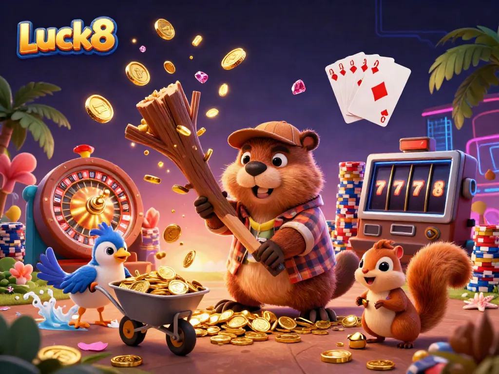 Experience gaming excitement with Luck8's vibrant 3D casino scene featuring animated characters and golden rewards.