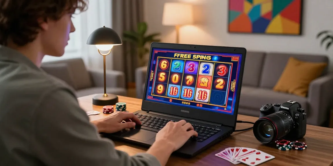 Excited player enjoying free spins on registration UK at a stylish home gaming setup.
