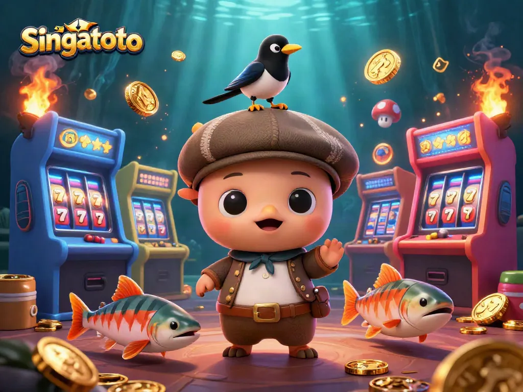Play slots and win with singatoto featuring a playful Nessie amidst exciting casino elements.