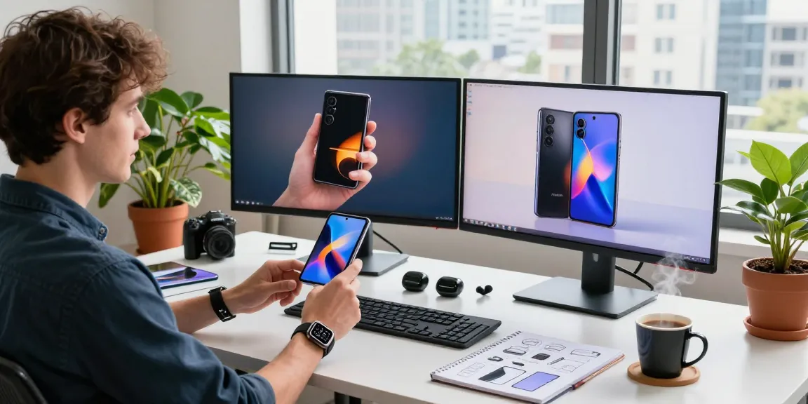 Tech enthusiast analyzing foldable phones 2026 in a modern workspace, vibrant monitors showing phone models.