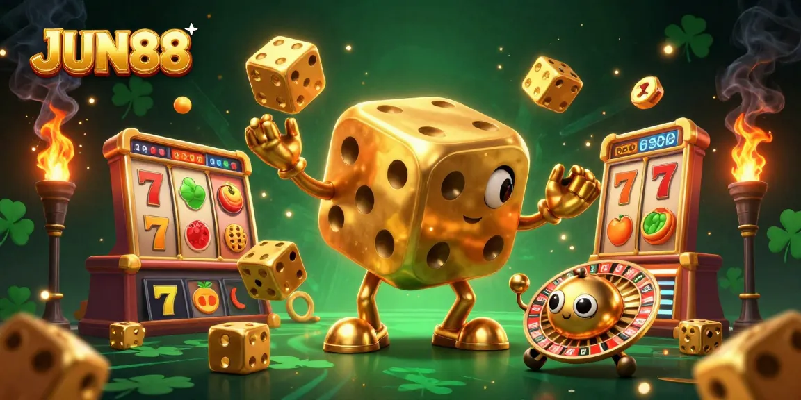 Crown your winnings at JUN88 with an exhilarating 3D casino gaming experience featuring golden dice and vibrant elements.