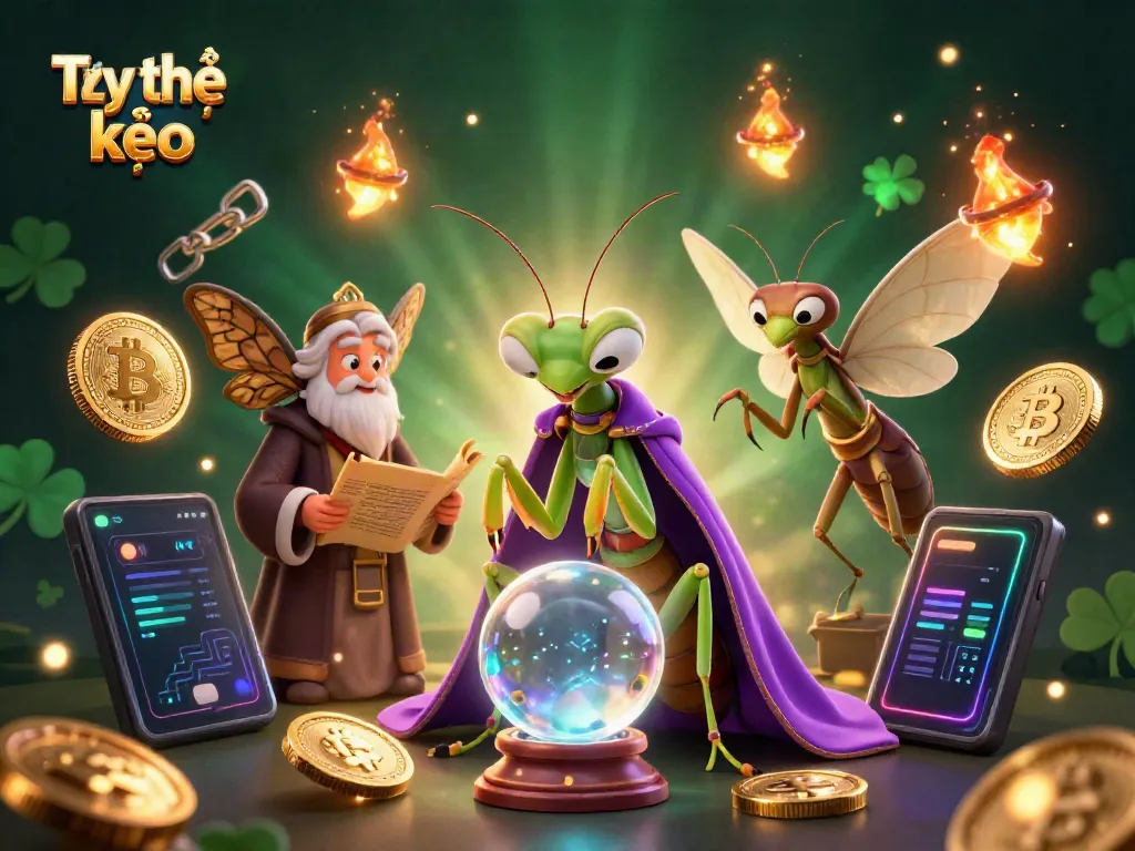 Engaging Tỷ lệ kèo scene showcasing 3D characters of fortune teller and old librarian amidst crypto elements.