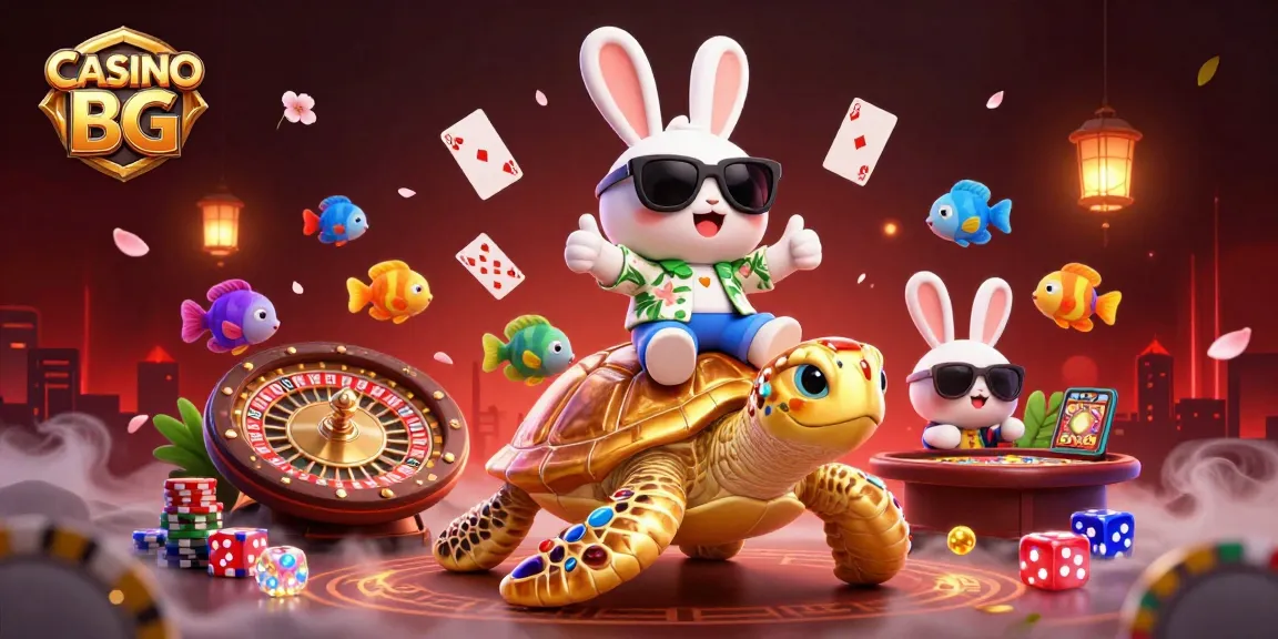 Experience lively gambling at CASINO BG with a playful illustration featuring a lucky rabbit and iconic casino games.