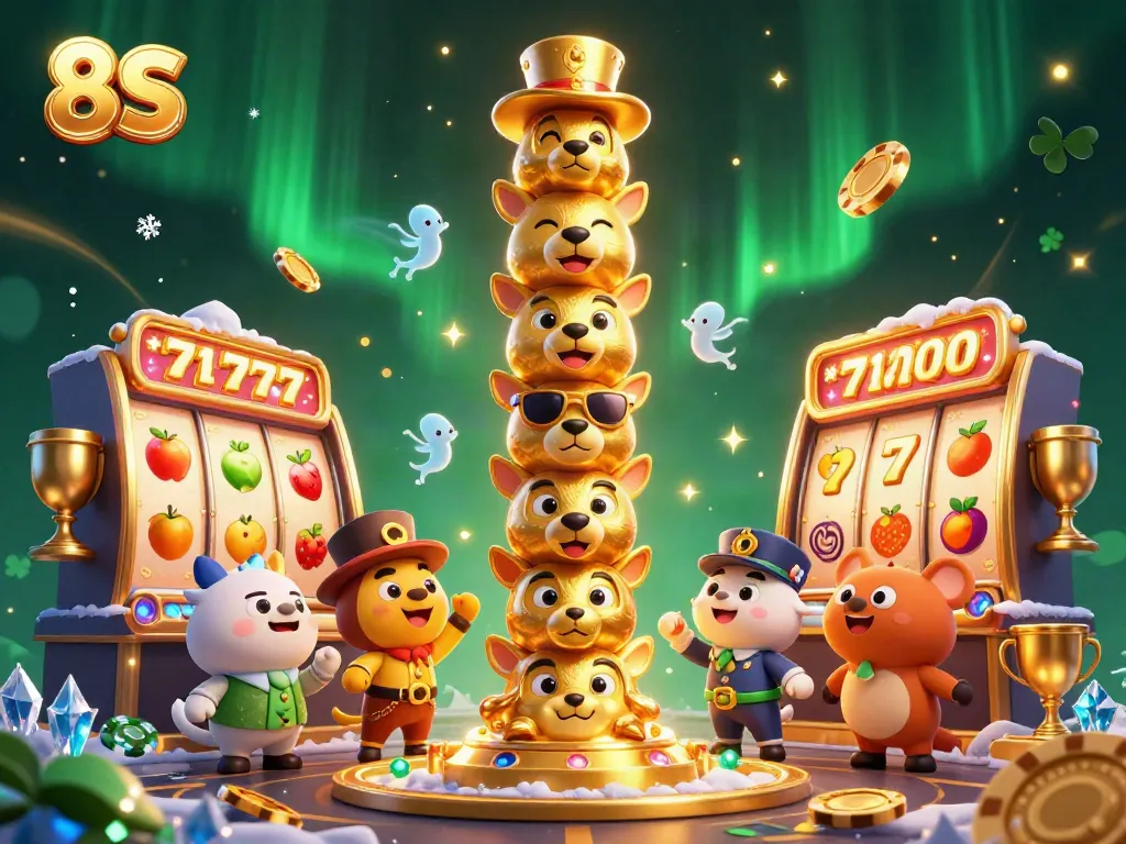 Engage with unique slots features in a vibrant 8S casino illustration with dynamic characters.